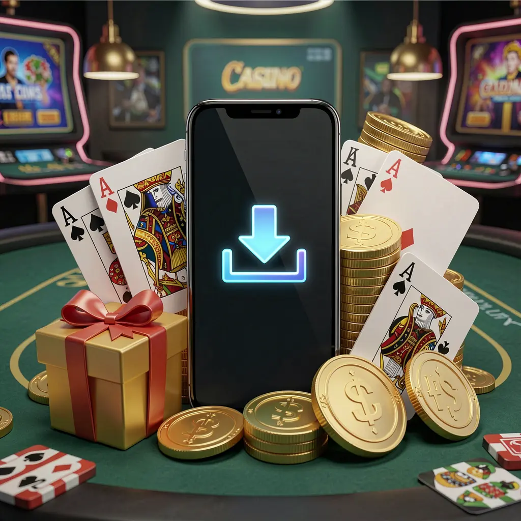 Realistic 3D illustration of a smartphone displaying a download icon surrounded by golden coins, a gift box, and playing cards, representing the 8899OK casino app download concept in a modern mobile gaming atmosphere