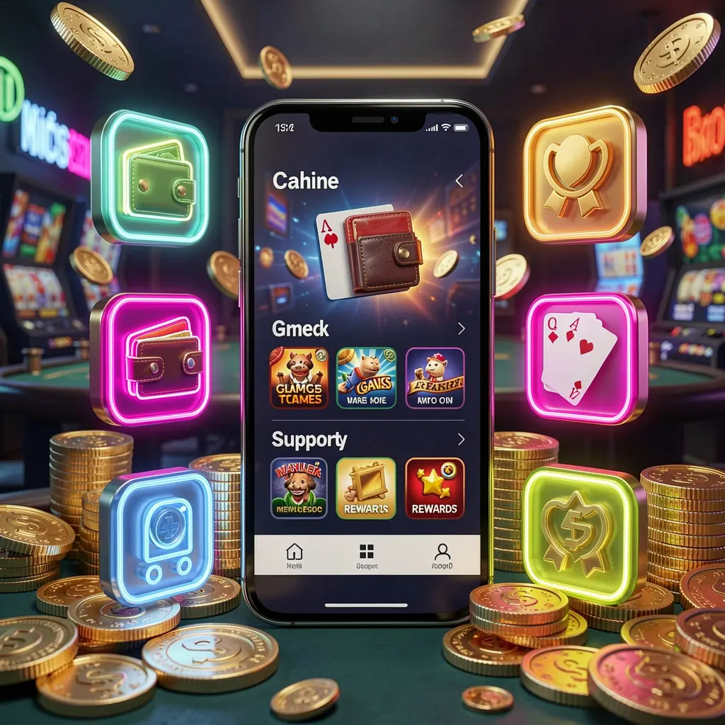 8899OK online casino app features displayed on a smartphone surrounded by icons for wallet, games, support, and rewards with golden coins and neon lights in a luxury 3D render