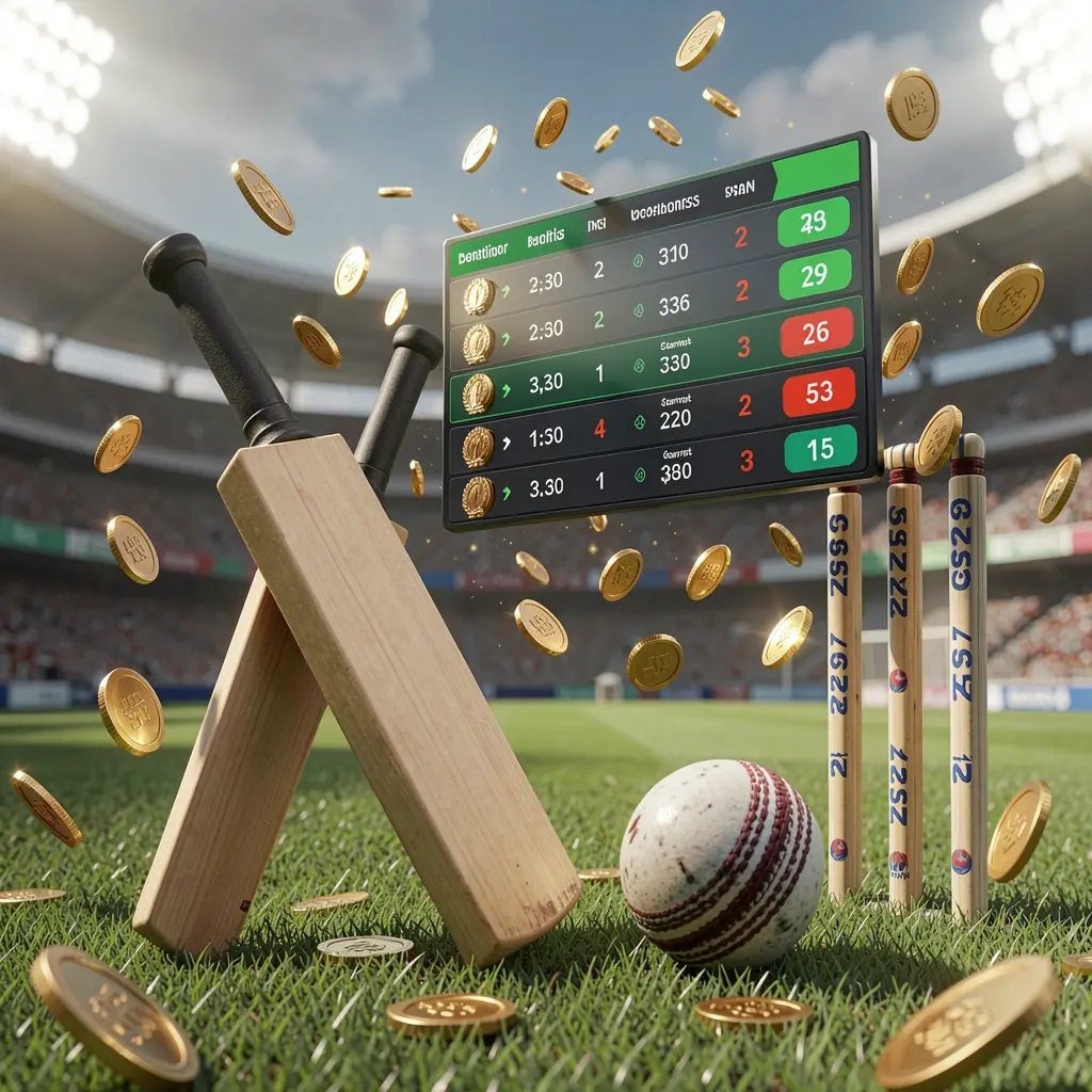 Realistic 3D illustration of a cricket bat, cricket ball, and wickets on stadium grass with floating betting odds interface and golden coins flying, showcasing 8899OK sports betting page for cricket in Bangladesh