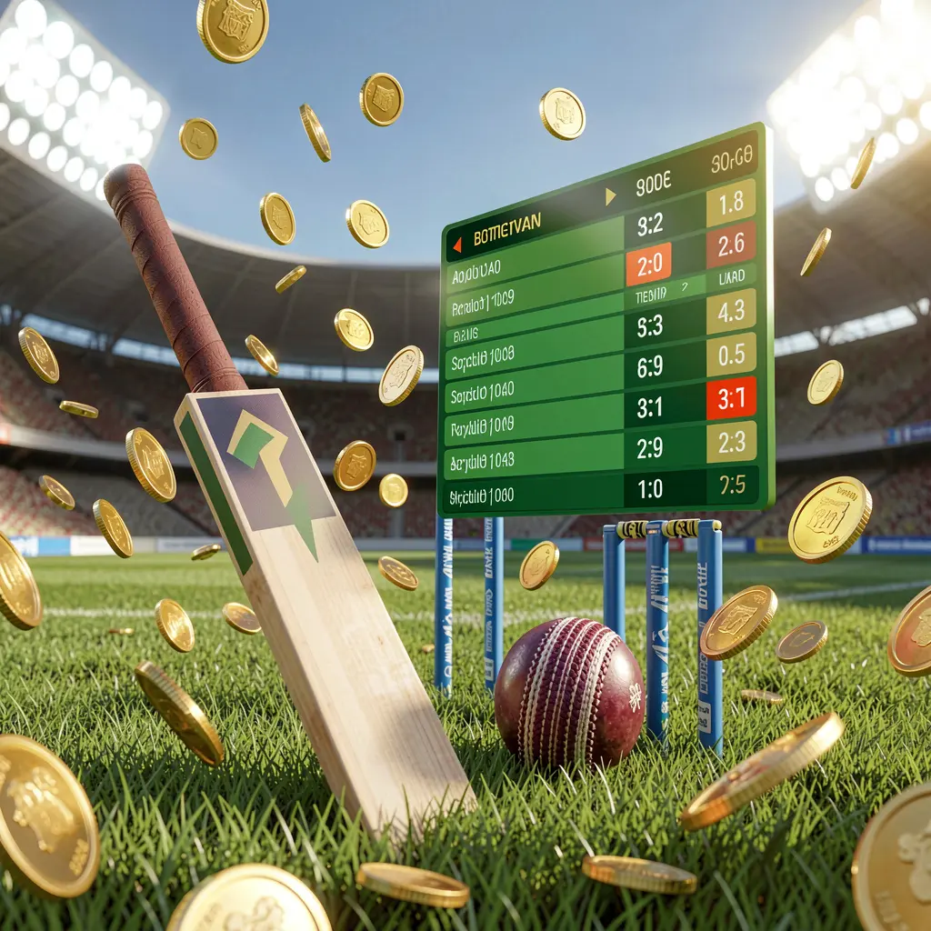 Realistic 3D illustration of a cricket bat, cricket ball, and wickets on stadium grass with floating betting odds interface and golden coins flying, representing 8899OK sports betting page in Bangladesh