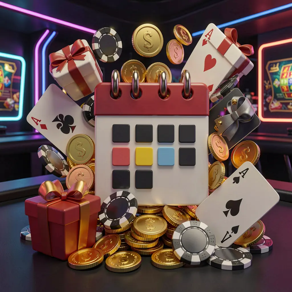 Realistic 3D render of a calendar icon surrounded by golden coins, gift boxes, poker chips, and playing cards in a festive casino atmosphere with dark modern background and neon lights, showcasing 8899OK's weekly online casino bonus concept