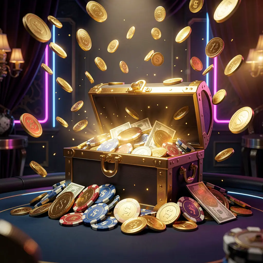 A premium online casino bonus hero banner featuring 8899OK with golden coins flying in the air and a glowing treasure chest full of chips and cash against a luxury dark background with neon accents, creating a festive and elegant casino atmosphere in a high-detail 3D realistic render.