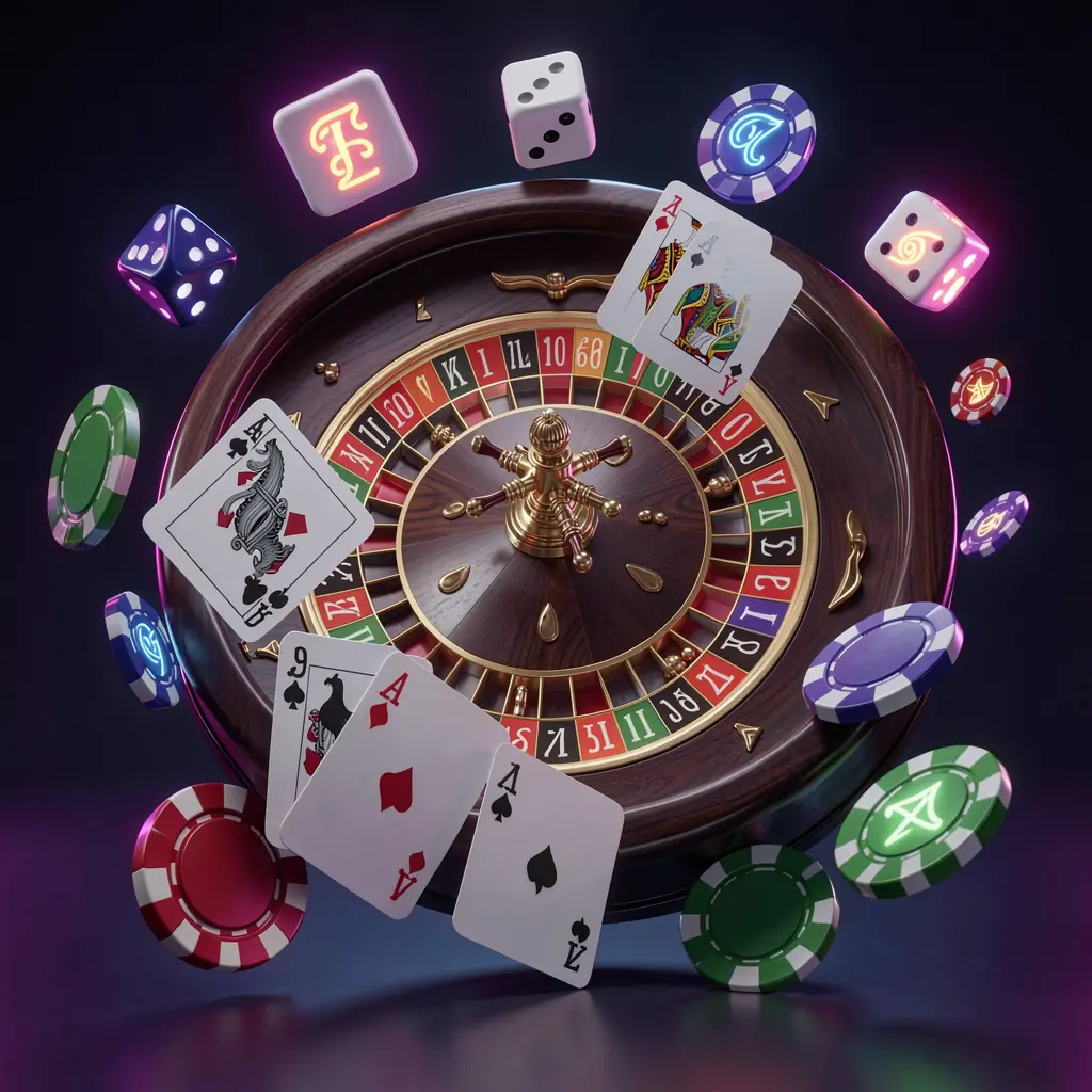 A premium 3D render of an online casino games collection featuring a roulette wheel, blackjack cards, dice, slot symbols, and poker chips with neon glow, showcasing the 8899OK brand's vibrant casino experience