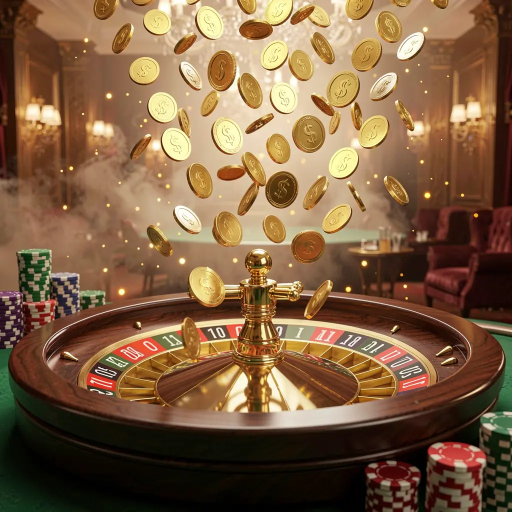 8899OK premium online casino banner featuring golden coins raining over a roulette wheel and poker chips with a glowing luxury background in a dynamic 3D render