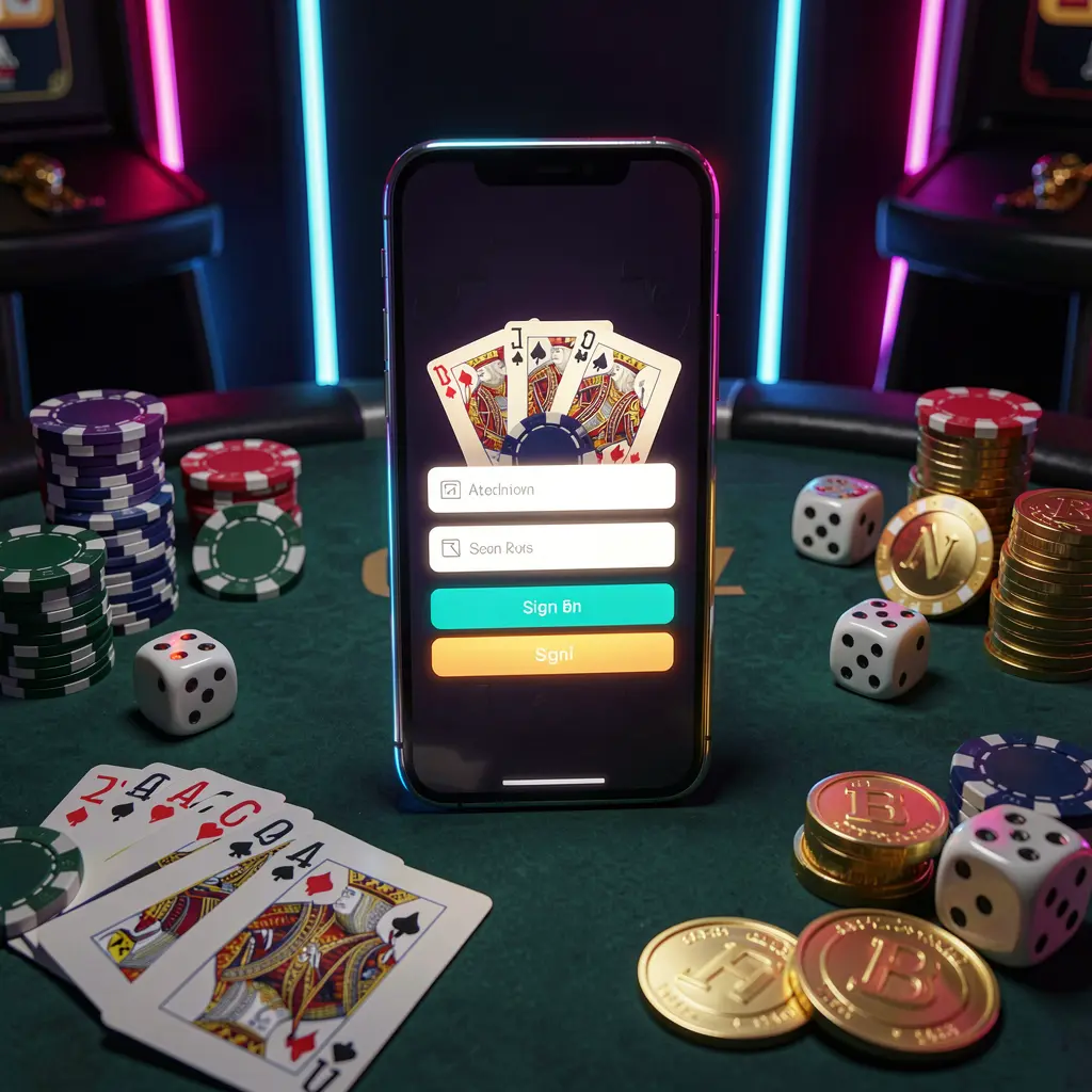 Realistic 3D render of a glowing smartphone on a casino table surrounded by cards, chips, dice, and gold coins with elegant dark background and neon highlights, featuring 8899OK casino account sign in scene Realistic 3D render of a glowing smartphone on a casino table surrounded by cards, chips, dice, and gold coins with elegant dark background and neon highlights, featuring 8899OK casino account sign in scene