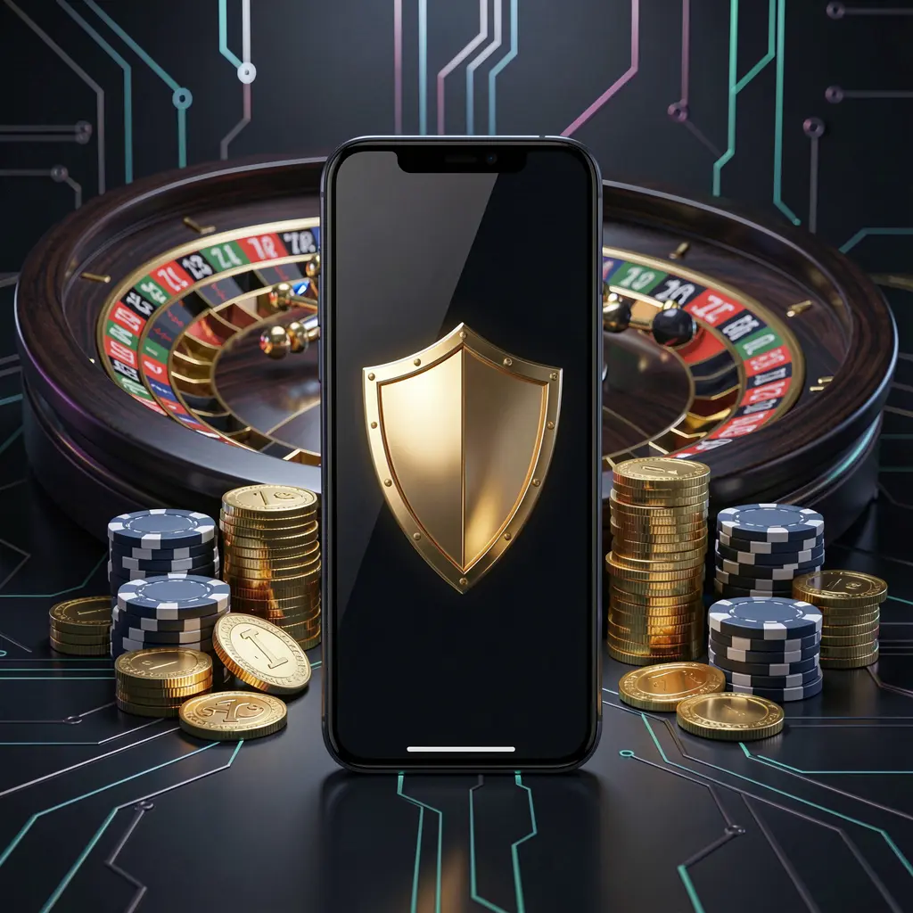 Secure mobile casino access on a phone screen with a shield icon, roulette wheel, poker chips, and golden coins in a dark cyber luxury atmosphere featuring 8899OK branding Secure mobile casino access on a phone screen with a shield icon, roulette wheel, poker chips, and golden coins in a dark cyber luxury atmosphere featuring 8899OK branding