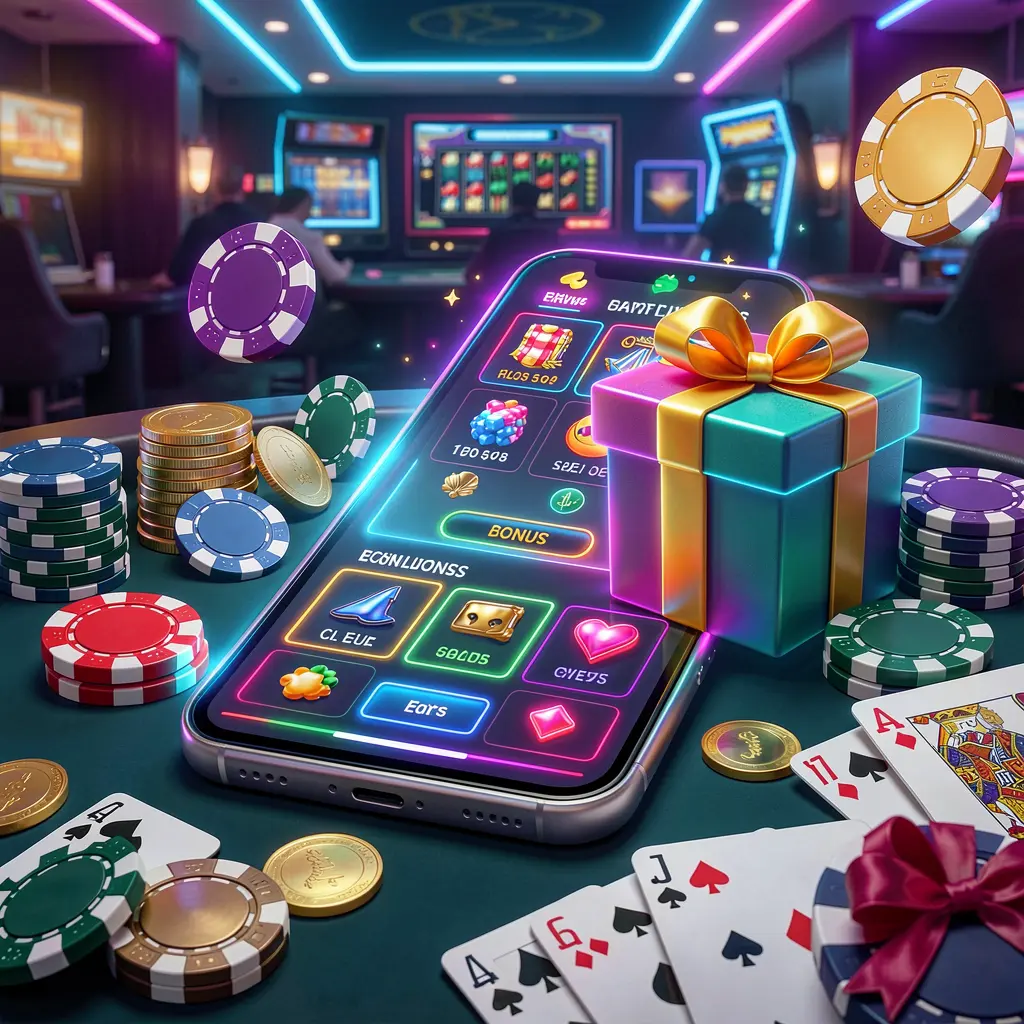 Modern casino website hero scene featuring a smartphone with glowing interface surrounded by bonus gift box, chips, coins, and playing cards in a premium neon casino style, showcasing 8899OK brand